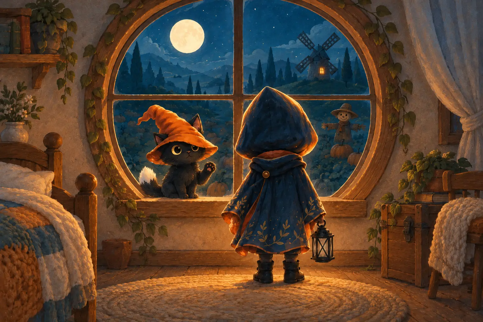 A little black cat in an orange pointed hat sits on the windowsill outside. Beyond the glass, a hollow of dark pumpkins under a big moon, and the old windmill on the hill. The hero, seen from behind in a hooded cloak, stands in a warm, lamp-lit room.